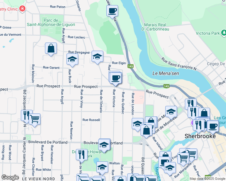 map of restaurants, bars, coffee shops, grocery stores, and more near 675 Rue Victoria in Sherbrooke