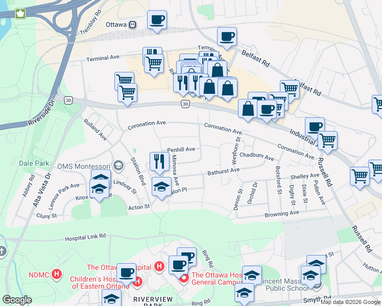 map of restaurants, bars, coffee shops, grocery stores, and more near 524 Penhill Avenue in Ottawa