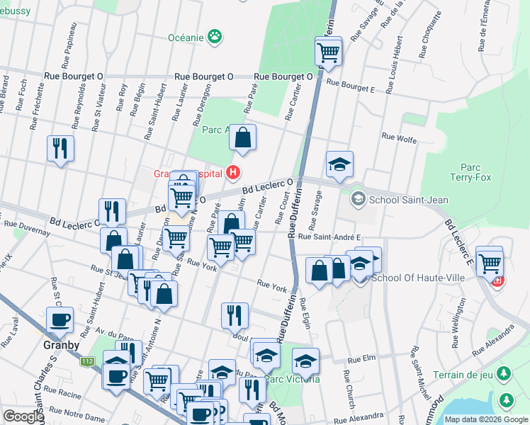 map of restaurants, bars, coffee shops, grocery stores, and more near 263 Rue Cartier in Granby