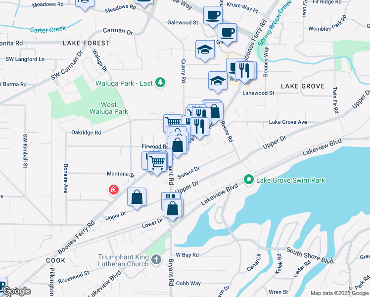 map of restaurants, bars, coffee shops, grocery stores, and more near 16199 Boones Ferry Road in Lake Oswego