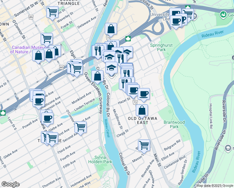map of restaurants, bars, coffee shops, grocery stores, and more near 117 Drummond Street in Ottawa