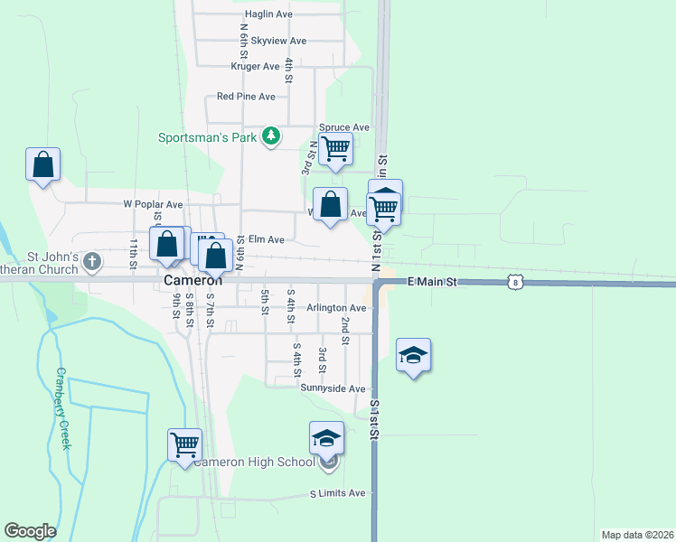 map of restaurants, bars, coffee shops, grocery stores, and more near 110 North 1st Street in Cameron