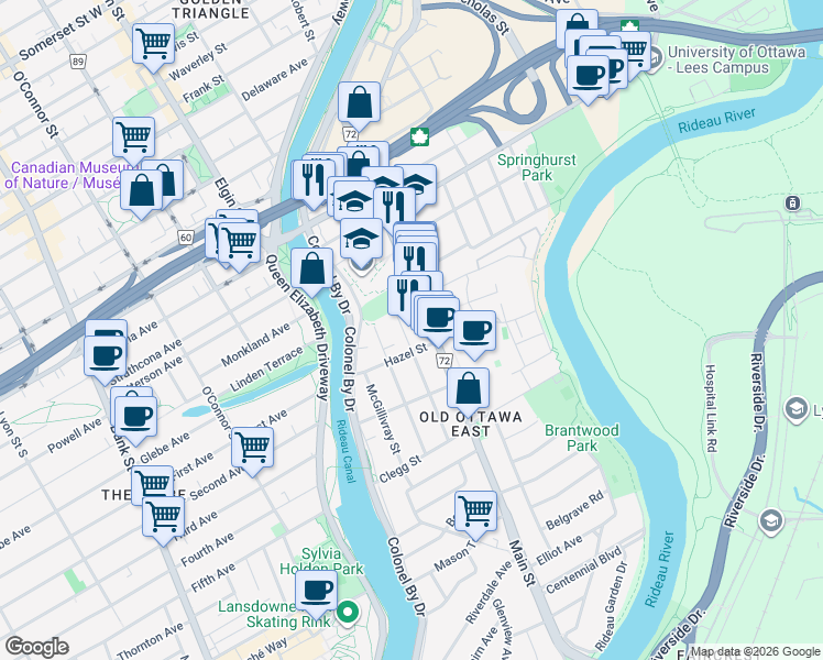 map of restaurants, bars, coffee shops, grocery stores, and more near 125 Glenora Street in Ottawa