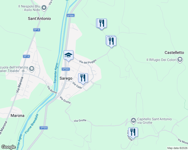 map of restaurants, bars, coffee shops, grocery stores, and more near 108 Via Valle in Sarego