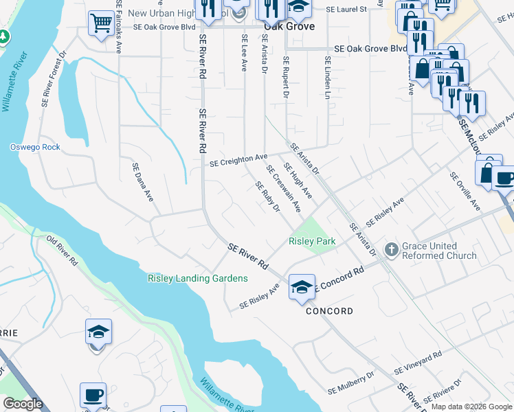 map of restaurants, bars, coffee shops, grocery stores, and more near 15800 Southeast Ruby Drive in Milwaukie