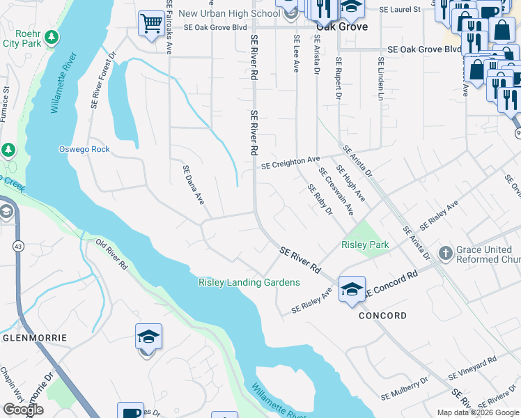 map of restaurants, bars, coffee shops, grocery stores, and more near 15705 Southeast Miniview Court in Milwaukie