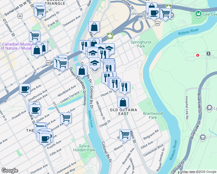 map of restaurants, bars, coffee shops, grocery stores, and more near in Ottawa