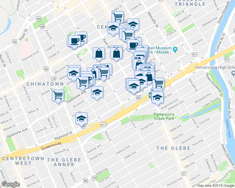 map of restaurants, bars, coffee shops, grocery stores, and more near 130 Flora Street in Ottawa