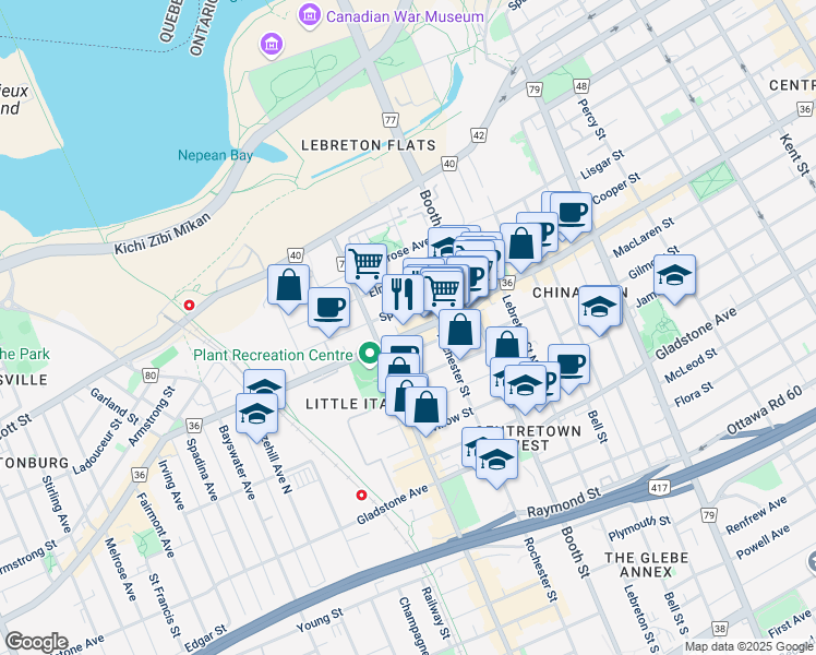 map of restaurants, bars, coffee shops, grocery stores, and more near in Ottawa