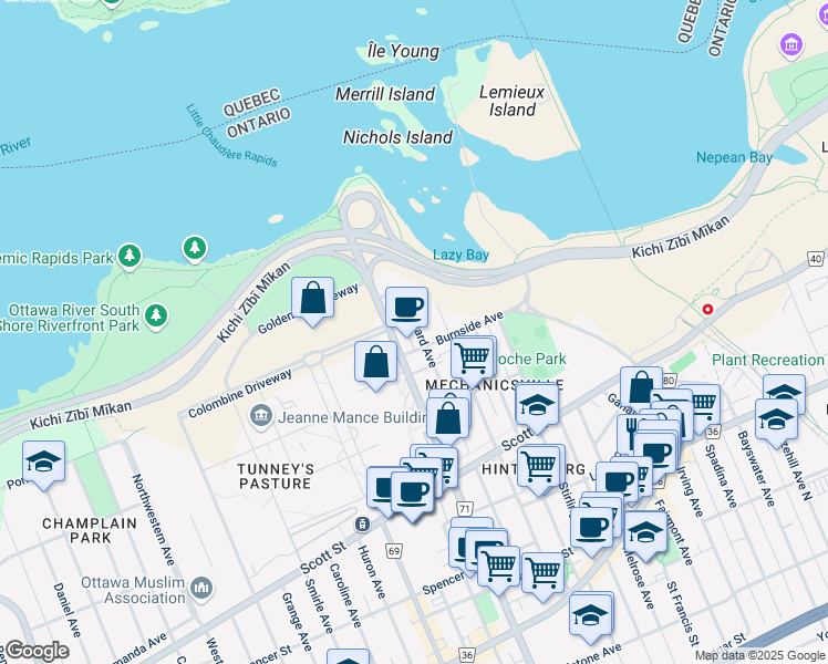 map of restaurants, bars, coffee shops, grocery stores, and more near in Ottawa