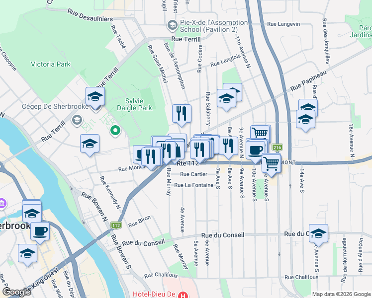 map of restaurants, bars, coffee shops, grocery stores, and more near 456 Rue Papineau in Sherbrooke