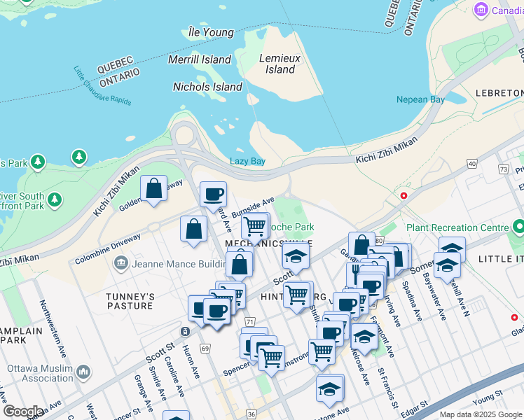 map of restaurants, bars, coffee shops, grocery stores, and more near 18 Burnside Avenue in Ottawa