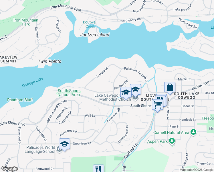 map of restaurants, bars, coffee shops, grocery stores, and more near 950 Schukart Lane in Lake Oswego
