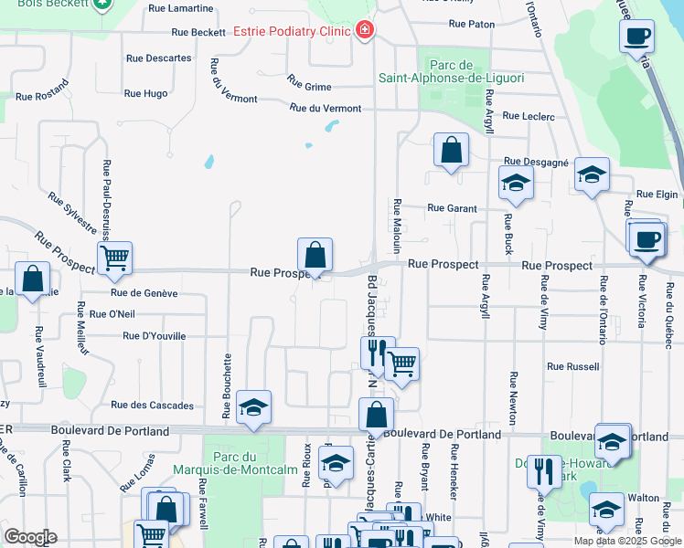 map of restaurants, bars, coffee shops, grocery stores, and more near Rue Prospect in Sherbrooke