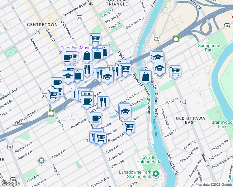 map of restaurants, bars, coffee shops, grocery stores, and more near 100 Strathcona Avenue in Ottawa