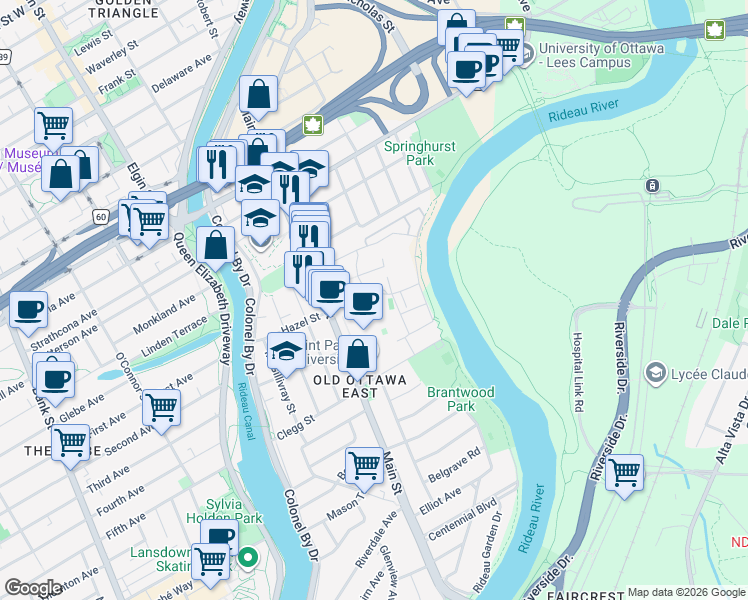 map of restaurants, bars, coffee shops, grocery stores, and more near 360 Deschâtelets Avenue in Ottawa