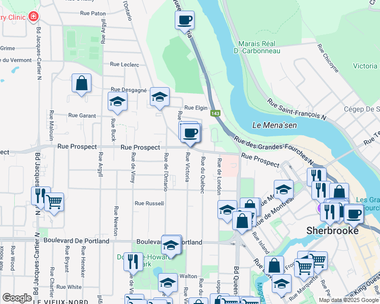 map of restaurants, bars, coffee shops, grocery stores, and more near 686 Rue Victoria in Sherbrooke