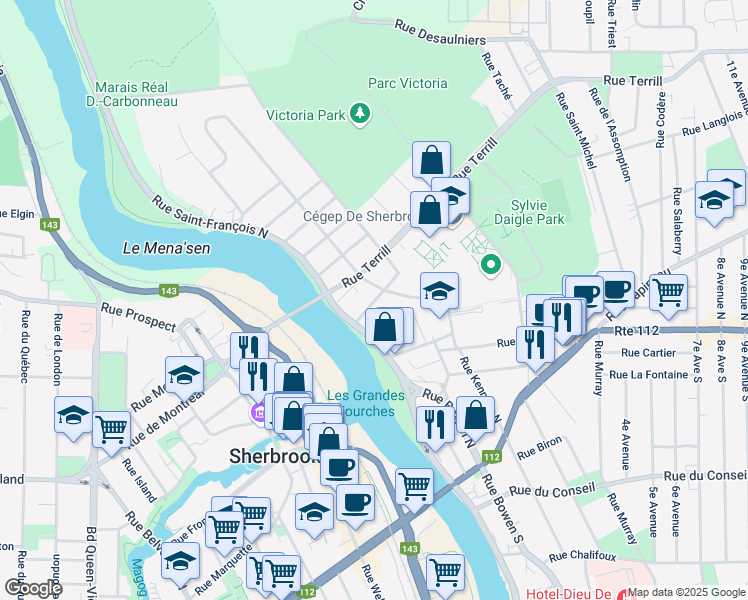 map of restaurants, bars, coffee shops, grocery stores, and more near Rue Clémenceau in Sherbrooke