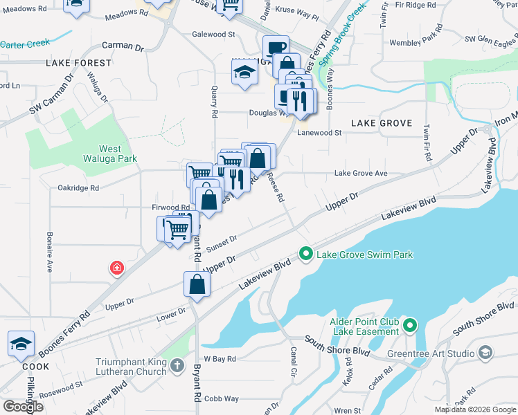 map of restaurants, bars, coffee shops, grocery stores, and more near 4077 Sunset Drive in Lake Oswego