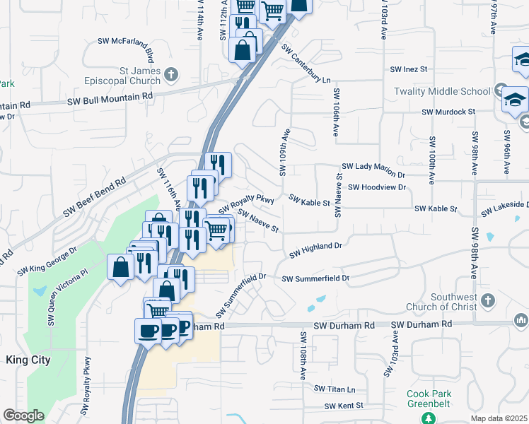 map of restaurants, bars, coffee shops, grocery stores, and more near 15204 Southwest Royalty Parkway in Portland