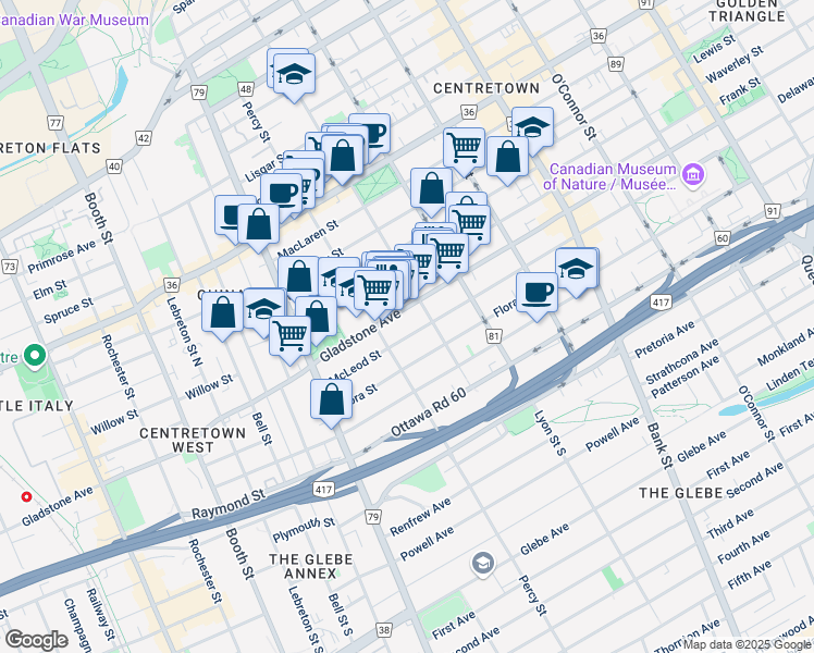 map of restaurants, bars, coffee shops, grocery stores, and more near in Ottawa
