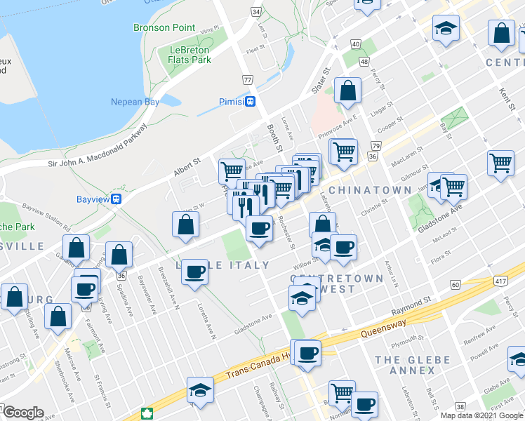 map of restaurants, bars, coffee shops, grocery stores, and more near in Ottawa
