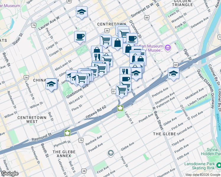 map of restaurants, bars, coffee shops, grocery stores, and more near 514 Lyon Street North in Ottawa