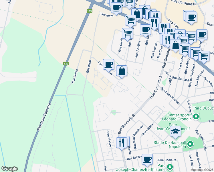 map of restaurants, bars, coffee shops, grocery stores, and more near Rue Saint Jude Sud in Granby