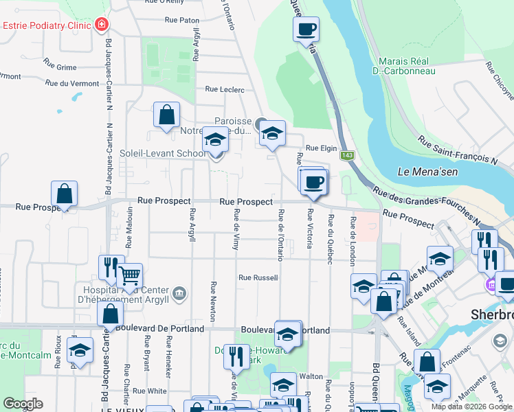 map of restaurants, bars, coffee shops, grocery stores, and more near 1340 Rue Prospect in Sherbrooke