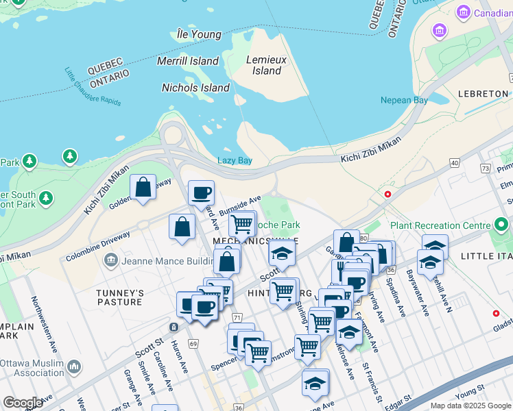 map of restaurants, bars, coffee shops, grocery stores, and more near 10 Burnside Avenue in Ottawa