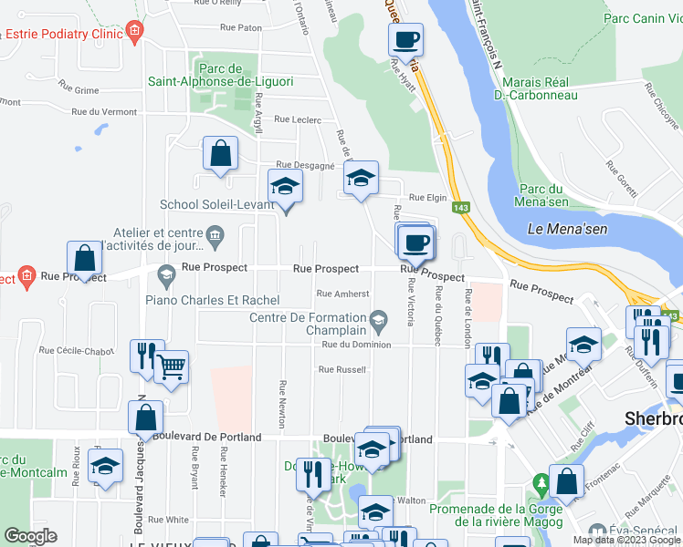 map of restaurants, bars, coffee shops, grocery stores, and more near 1340 Rue Prospect in Sherbrooke