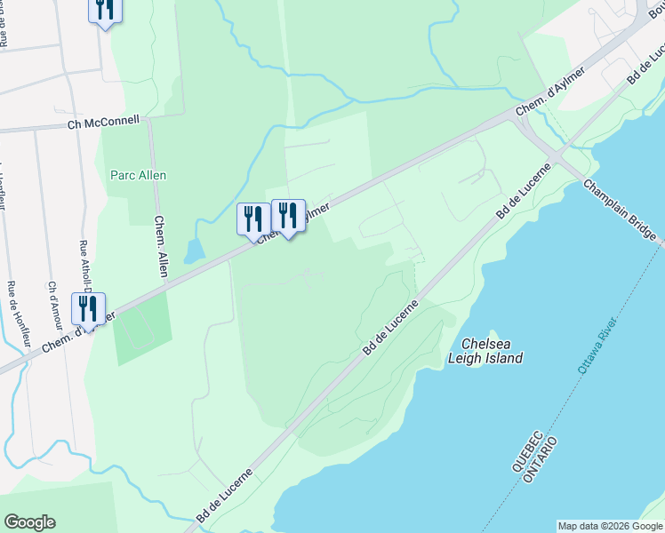 map of restaurants, bars, coffee shops, grocery stores, and more near 1180 Chemin d'Aylmer in Gatineau
