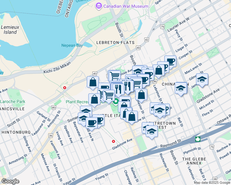 map of restaurants, bars, coffee shops, grocery stores, and more near 106 Preston Street in Ottawa