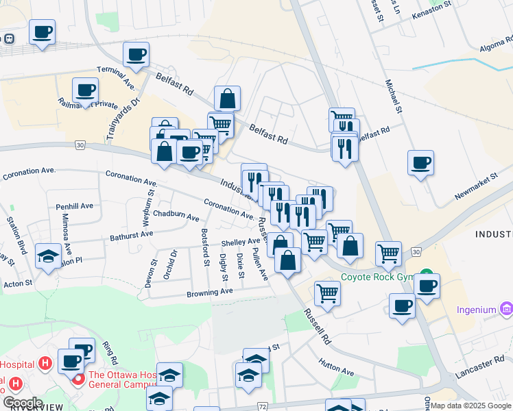 map of restaurants, bars, coffee shops, grocery stores, and more near 730 Industrial Avenue in Ottawa