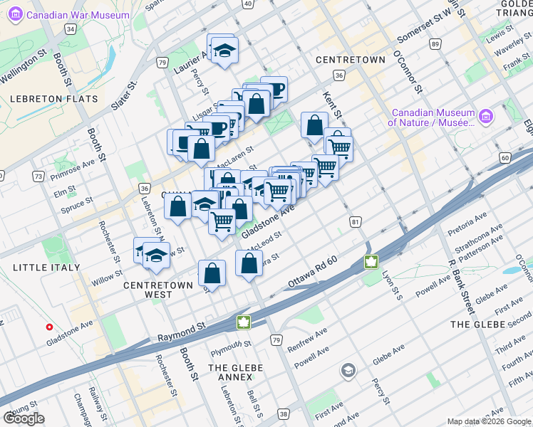 map of restaurants, bars, coffee shops, grocery stores, and more near 180 Percy Street in Ottawa