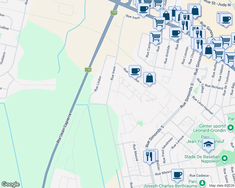map of restaurants, bars, coffee shops, grocery stores, and more near 225 Rue Saint-Jude Sud in Granby