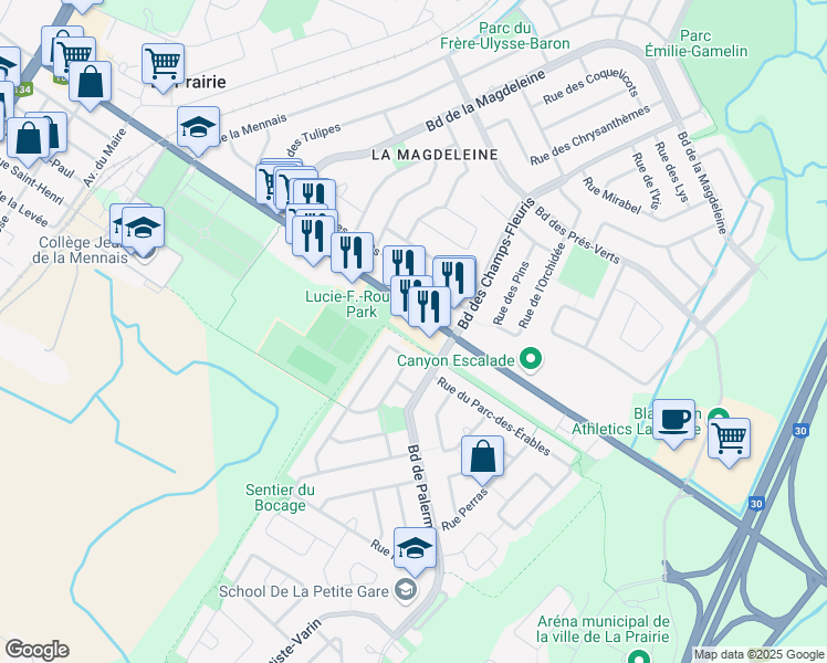 map of restaurants, bars, coffee shops, grocery stores, and more near 1406 Chemin de Saint-Jean in La Prairie