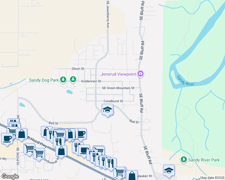 map of restaurants, bars, coffee shops, grocery stores, and more near 37520 Green Mountain Street in Sandy