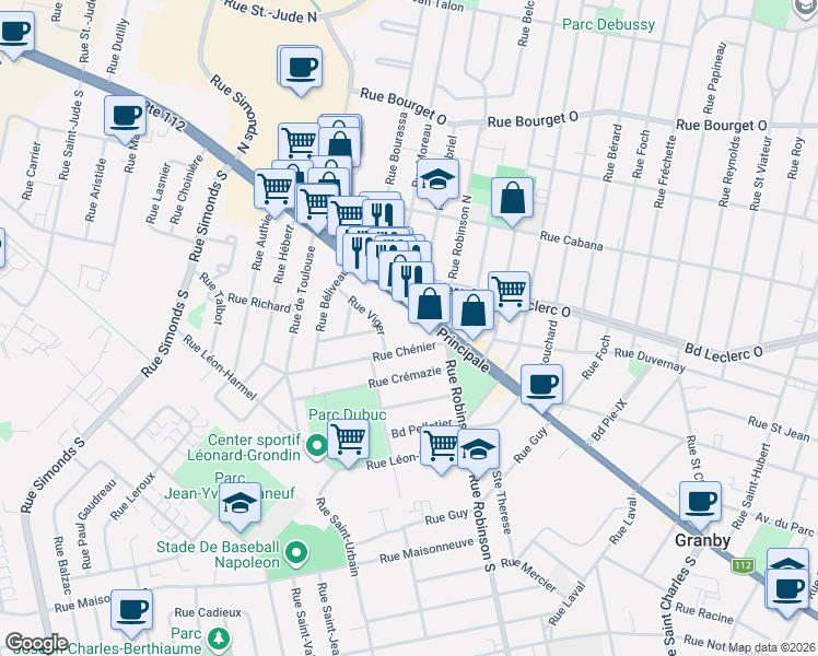 map of restaurants, bars, coffee shops, grocery stores, and more near 700 Rue Principale in Granby