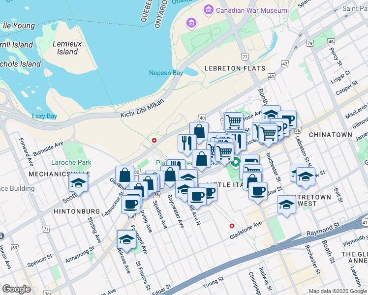 map of restaurants, bars, coffee shops, grocery stores, and more near 24 City Centre Avenue in Ottawa