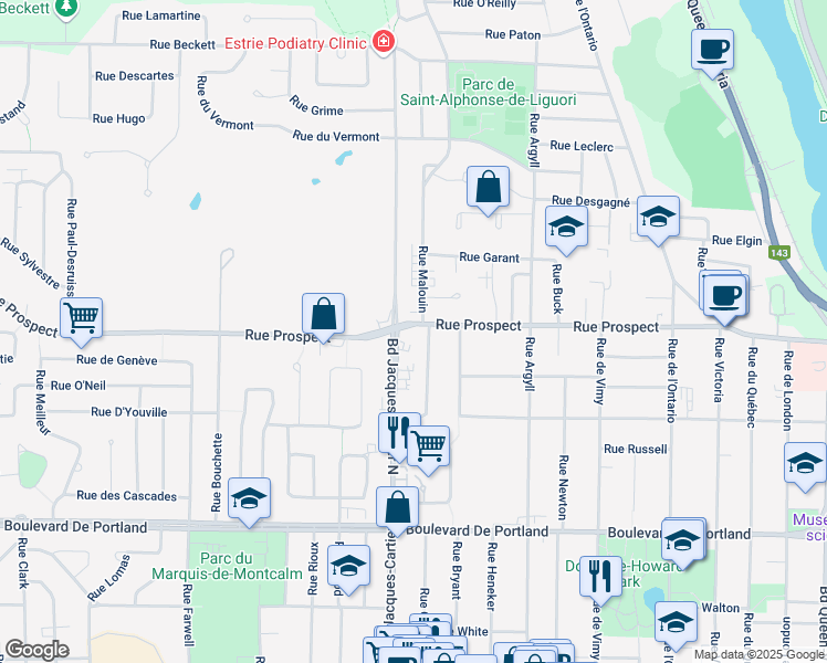 map of restaurants, bars, coffee shops, grocery stores, and more near 1760 Rue Prospect in Sherbrooke