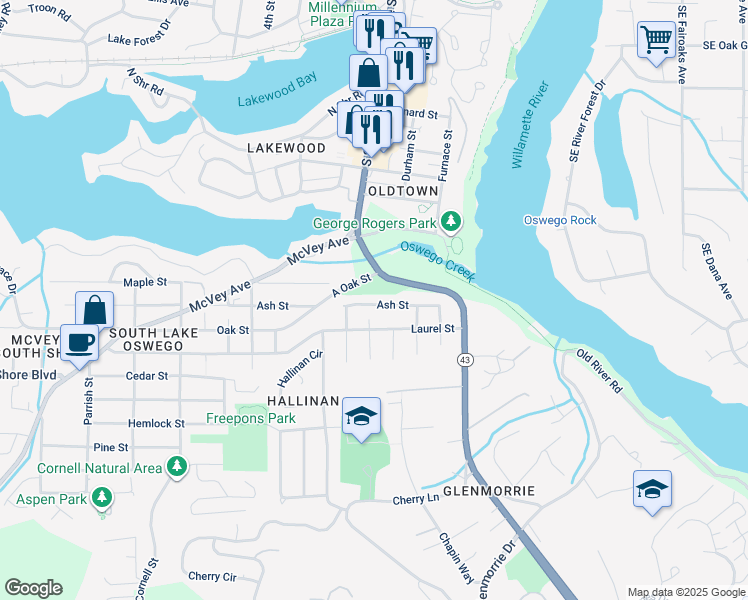 map of restaurants, bars, coffee shops, grocery stores, and more near in Lake Oswego