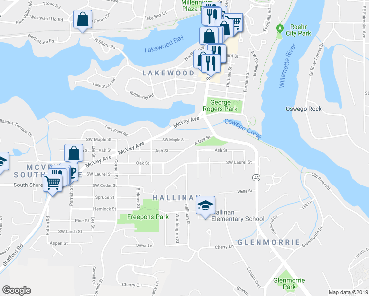 map of restaurants, bars, coffee shops, grocery stores, and more near 638 Maple Street in Lake Oswego