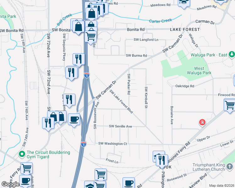 map of restaurants, bars, coffee shops, grocery stores, and more near 16150 Southwest Lake Forest Boulevard in Lake Oswego