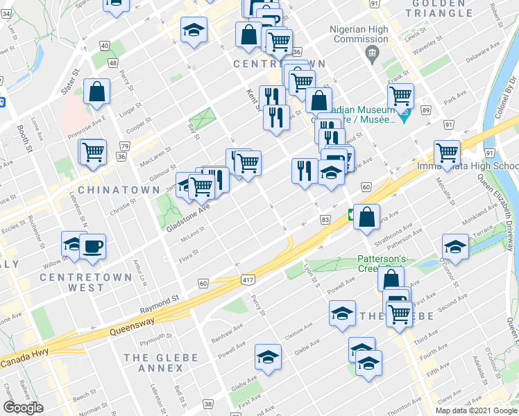 map of restaurants, bars, coffee shops, grocery stores, and more near in Ottawa