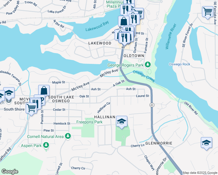 map of restaurants, bars, coffee shops, grocery stores, and more near 605 Ash Street in Lake Oswego