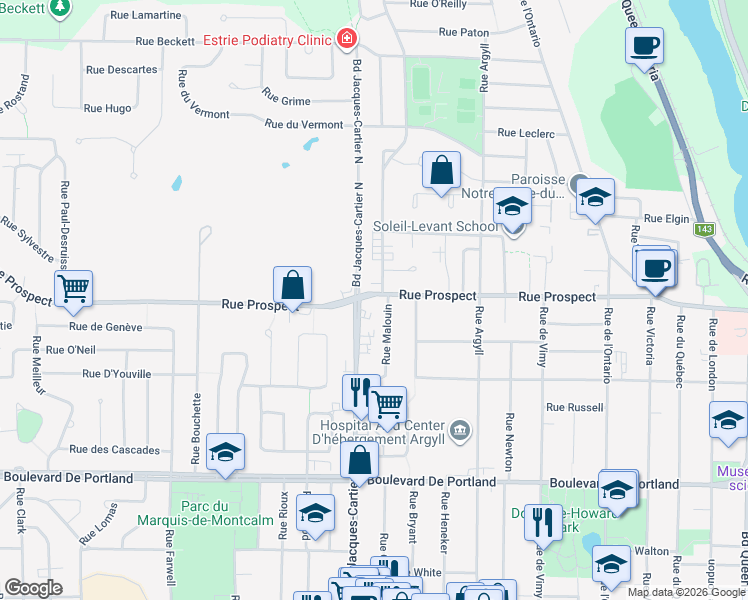 map of restaurants, bars, coffee shops, grocery stores, and more near 1760 Rue Prospect in Sherbrooke