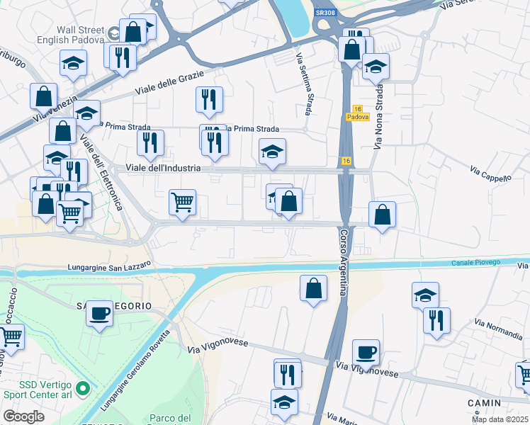 map of restaurants, bars, coffee shops, grocery stores, and more near 49 Viale della Navigazione Interna in Padua