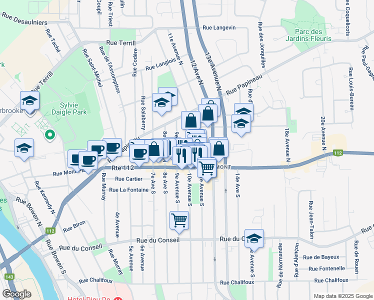 map of restaurants, bars, coffee shops, grocery stores, and more near 57 10e Avenue Nord in Sherbrooke