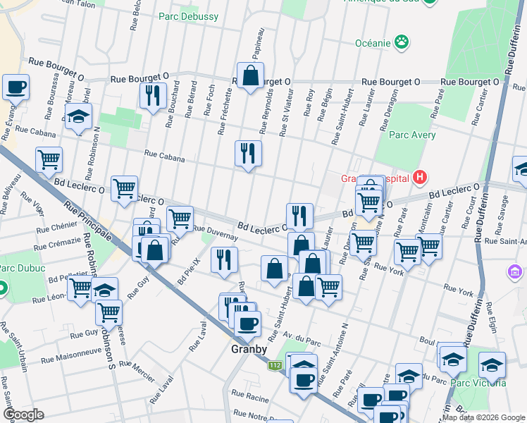 map of restaurants, bars, coffee shops, grocery stores, and more near 220 Rue Saint Viateur in Granby